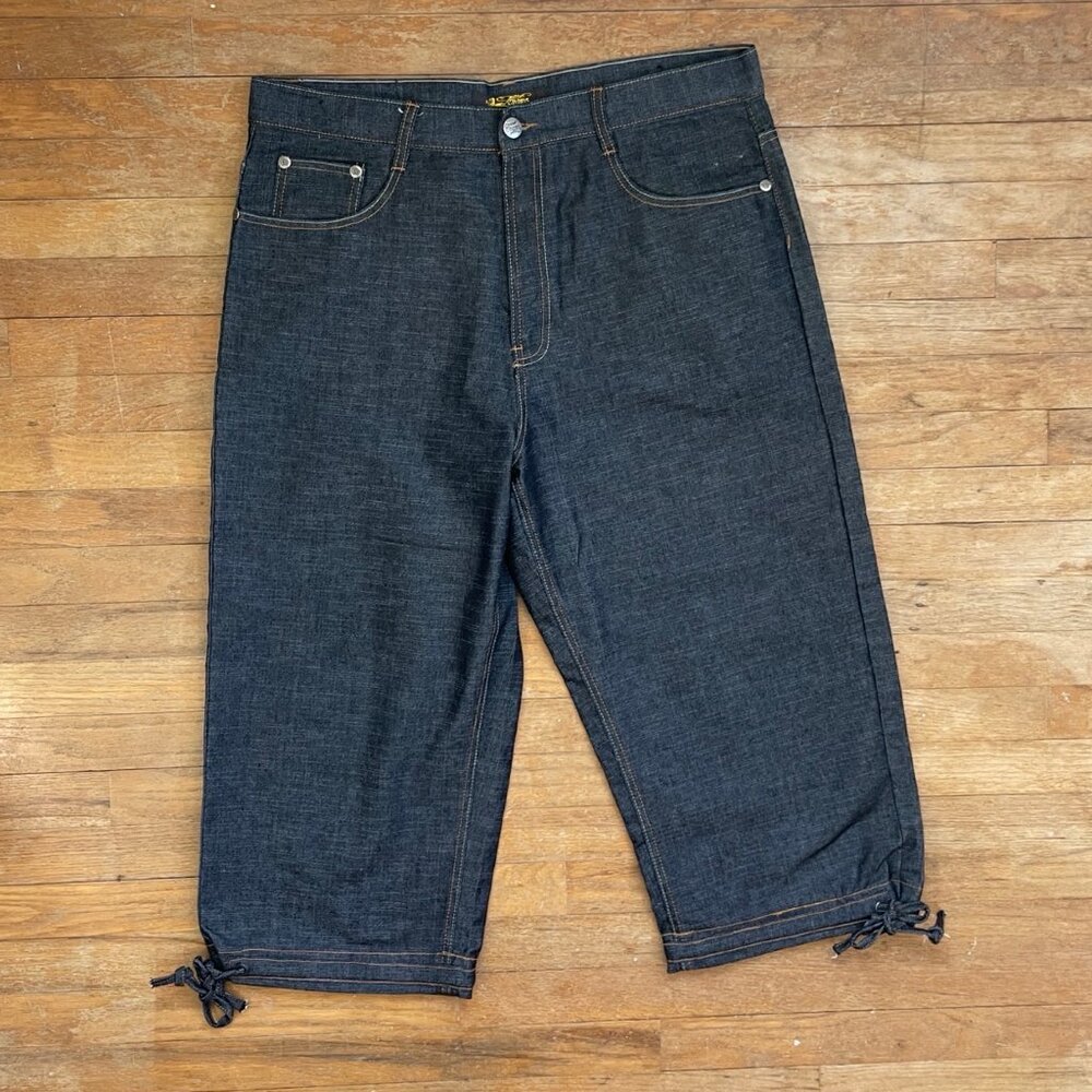 Vintage Mens Cropped Jeans Size 38 Y2K Embroidered Dark Wash Denim Tie Legs